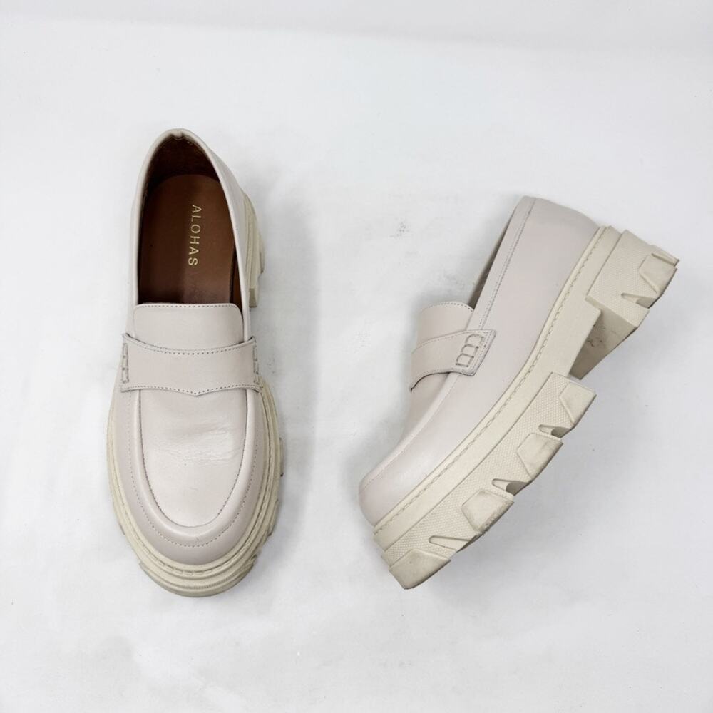 [Alohas] Cream Trailblazer Chunky Heel Penny Loafers Genuine Leather Sz 10 EU 40 - Picture 3 of 12